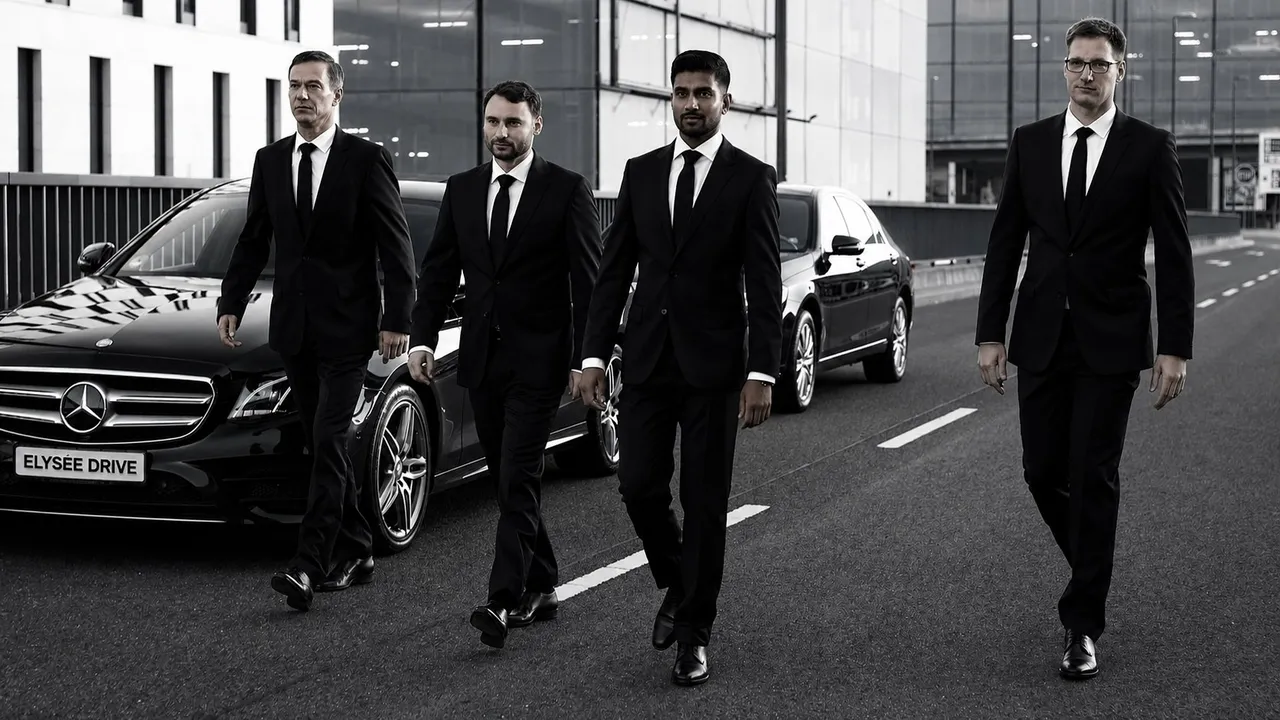 Chauffeurs professionnels Élysée Drive en costume noir marchant devant des Mercedes de luxe à Paris