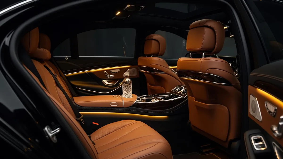 Intérieur cuir cognac d'une Mercedes Classe S avec éclairage ambiant doré